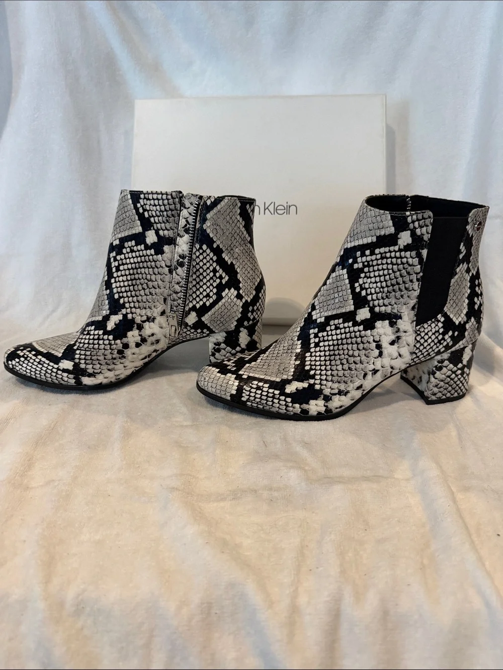 Calvin Klein Black & White Snake-Print Ankle Booties